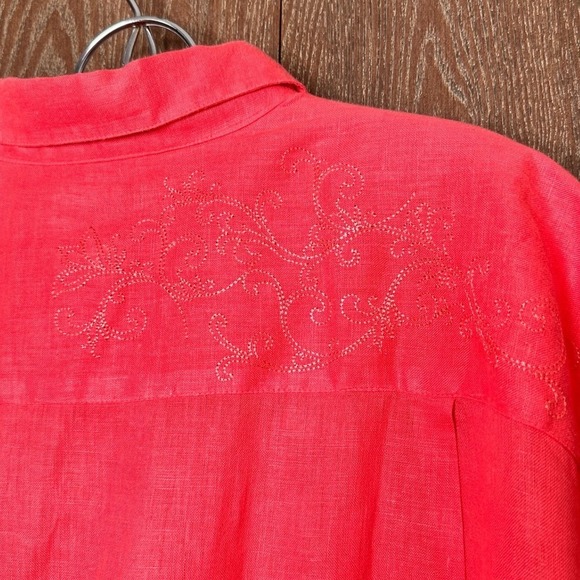 Luau 2XL Mens Coral Pink Linen Embroidered Short Sleeve Button Down Shirt Casual - Picture 7 of 7